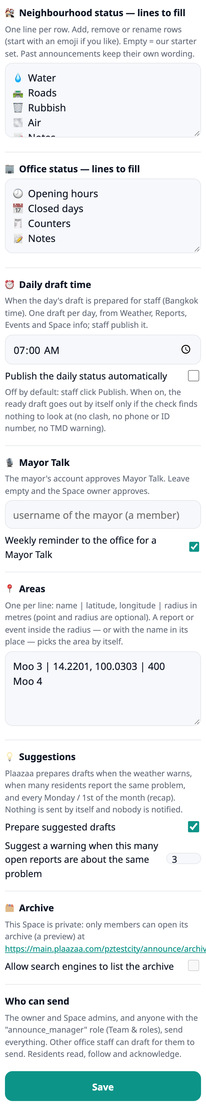 Areas in the settings