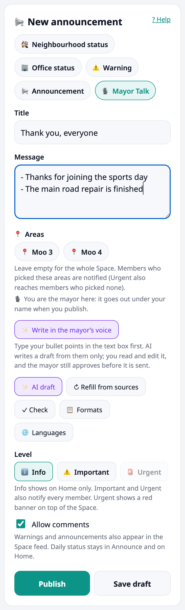 Mayor Talk composer with bullet points and the ✨ button