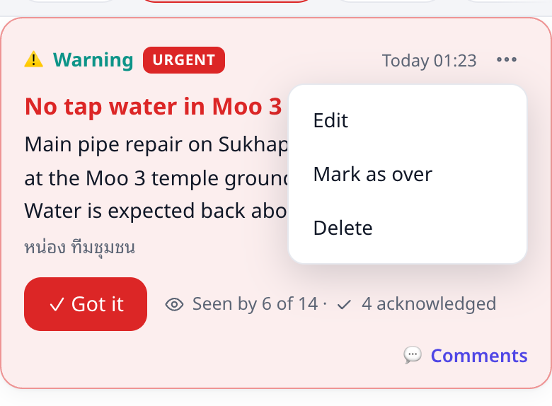 A warning card as a manager sees it: counts, and the ⋯ menu with Mark as over