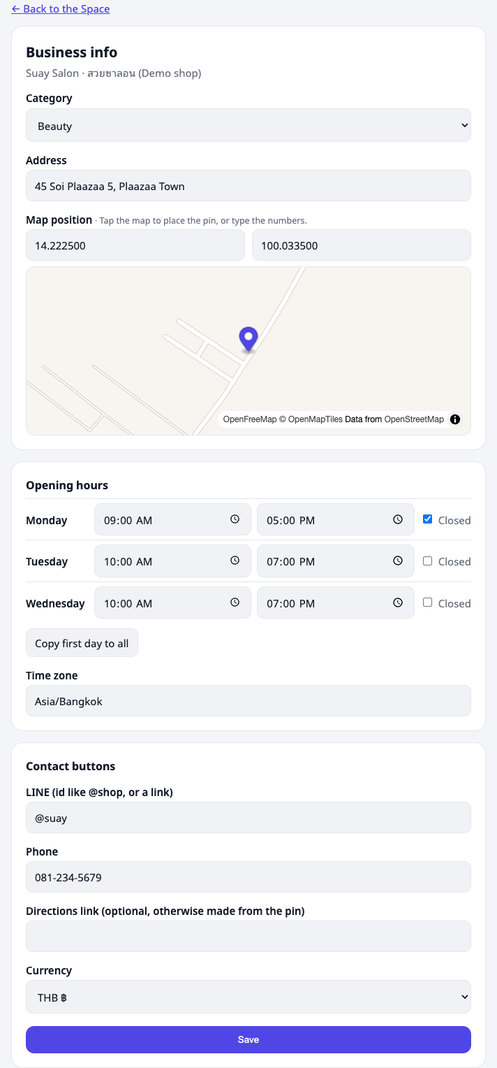 The Business info page